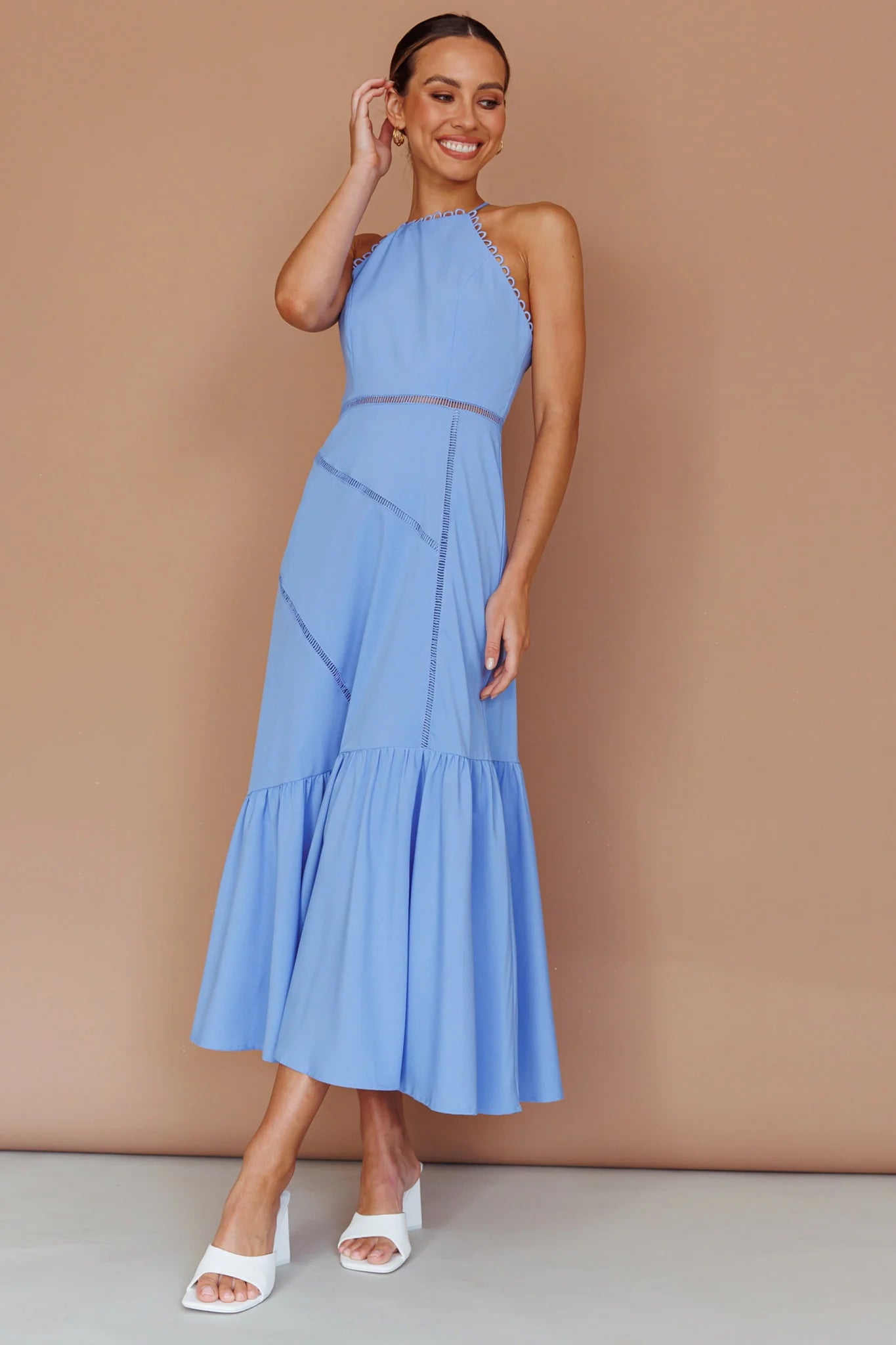 Felini Criss-Cross Back Flounce Midi Dress Blue