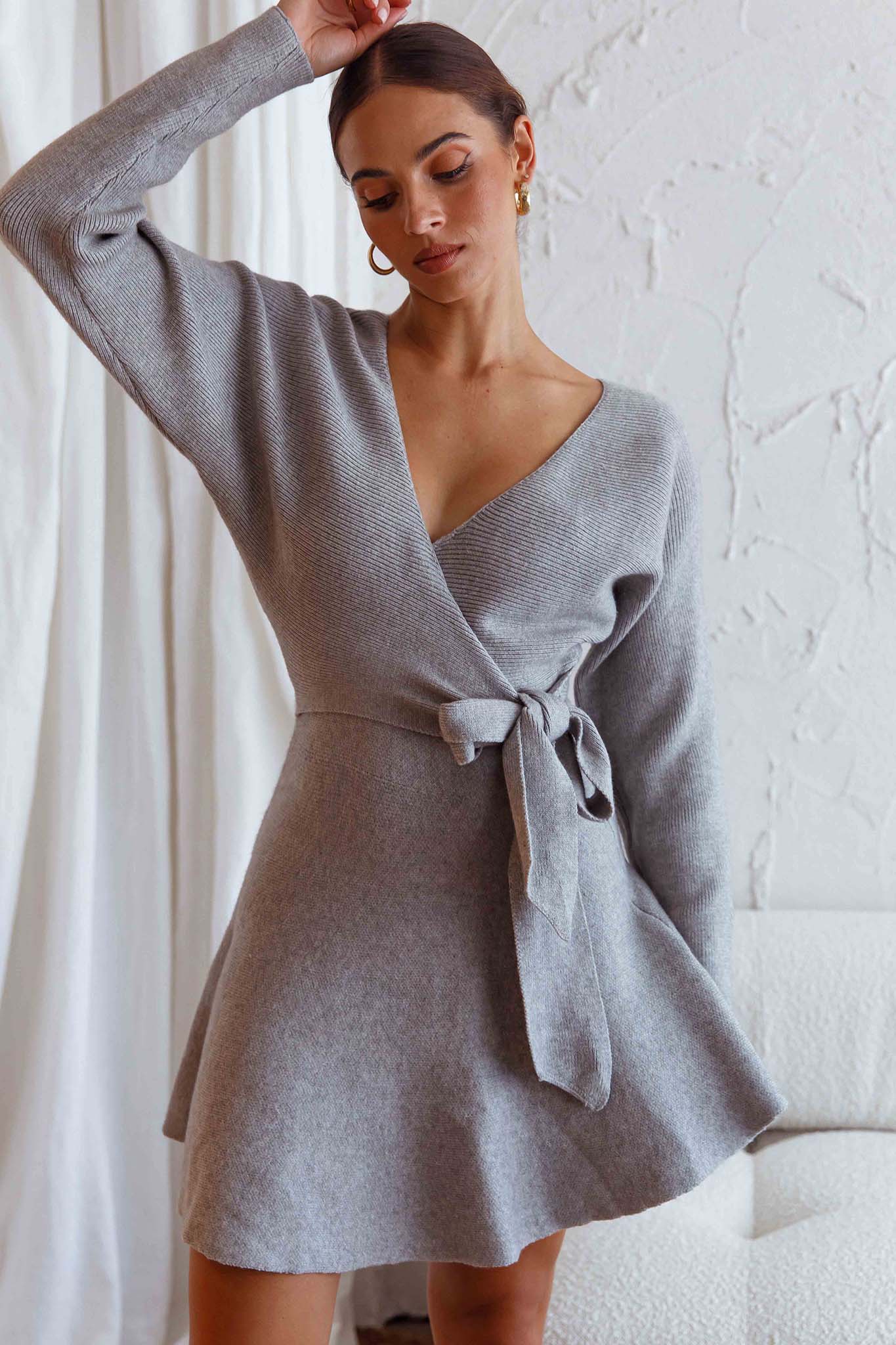 Shooting Star Long Sleeve Side Tie Knit Dress Grey