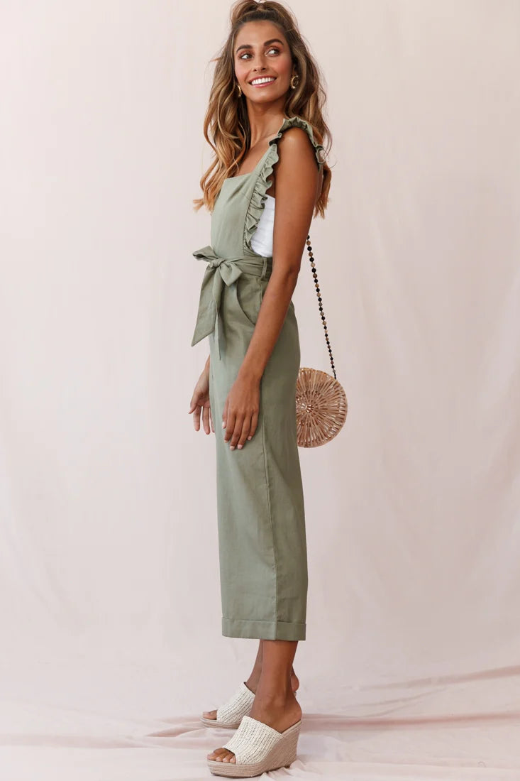 Serenade Ruffle Strap Pinafore Jumpsuit Olive
