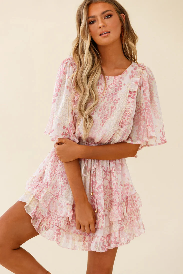 Stars Aligned Angel Sleeve Drawstring Waist Dress Star Print Pink
