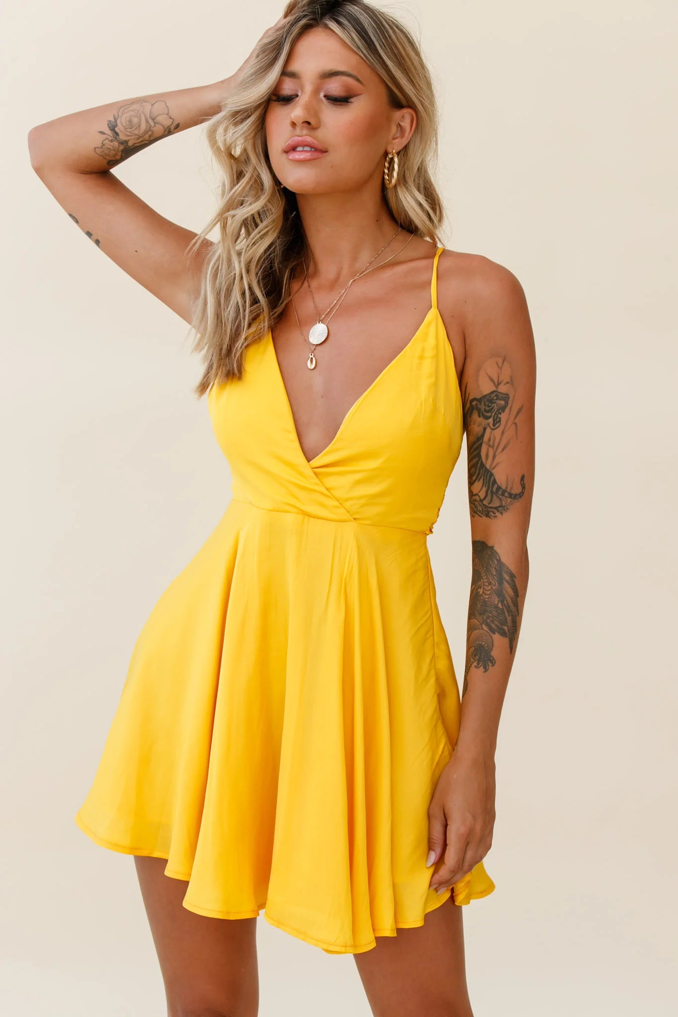 Secret Place Strappy Tie Back Party Dress Yellow