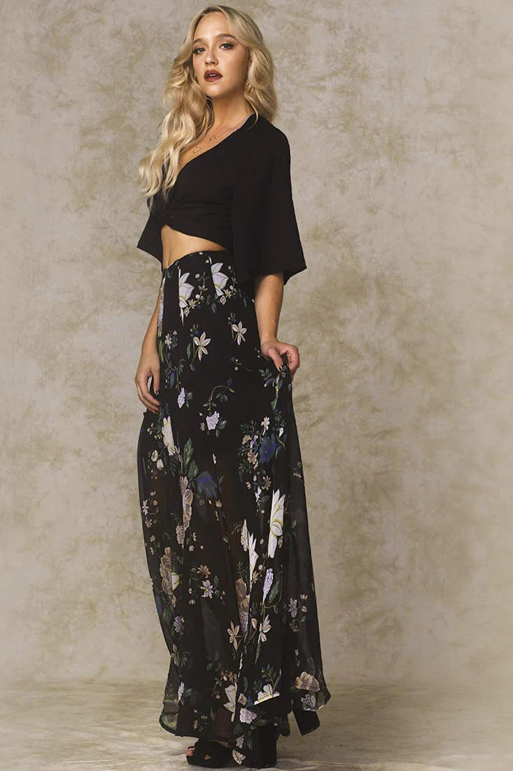 Riley High Slit Button Up Skirt Black