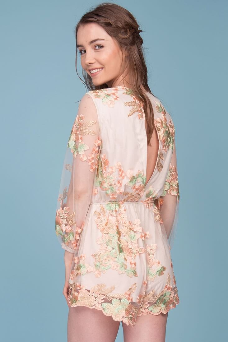 Emelia Embroidered Floral Romper Pink & Green