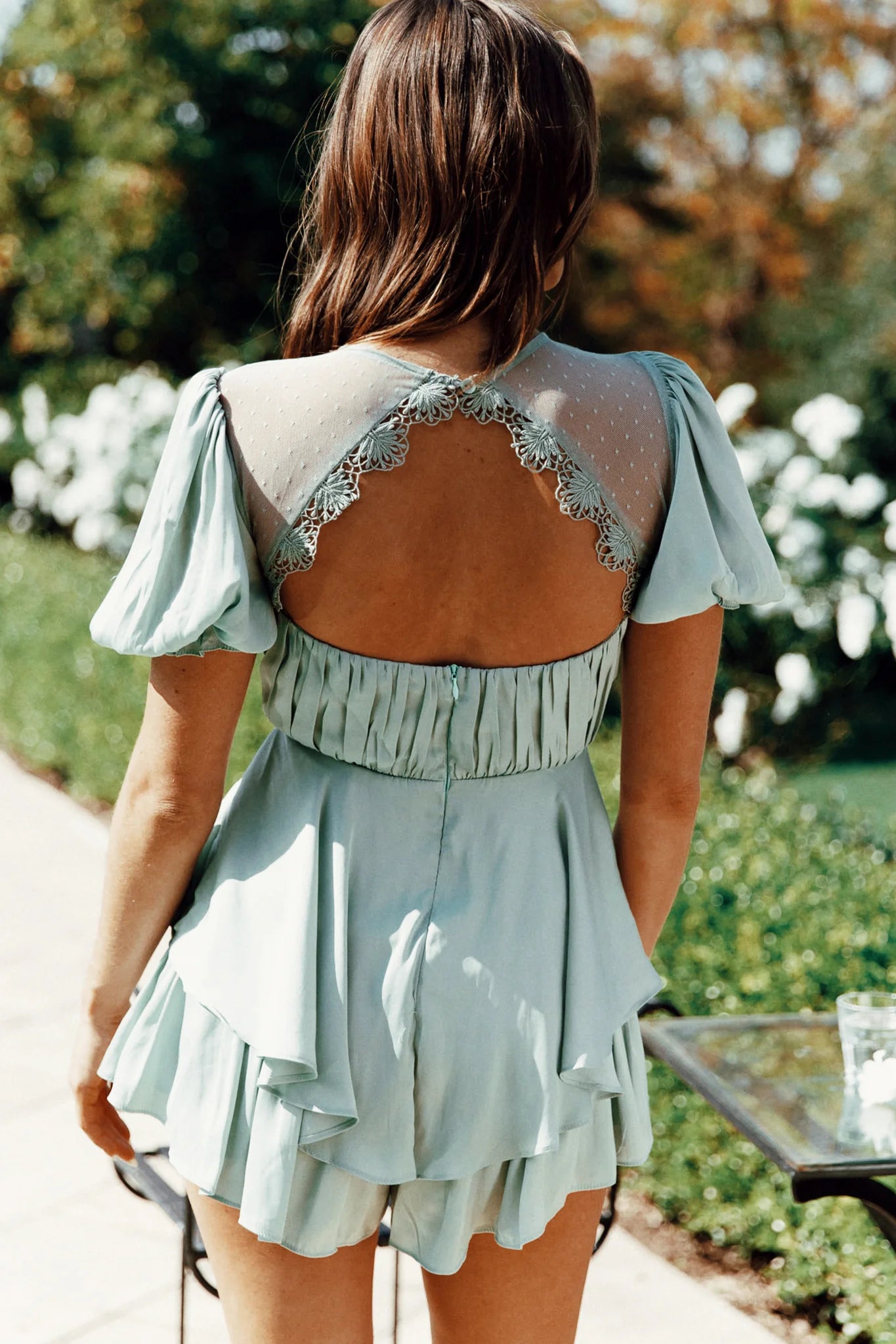 L'amour Lace Mesh Bust Puff Sleeve Romper Pistachio