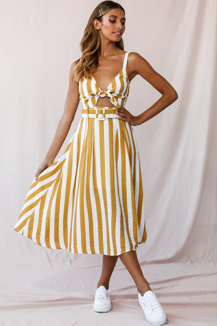 Crystal Tied Knot Belt Midi Dress Mustard