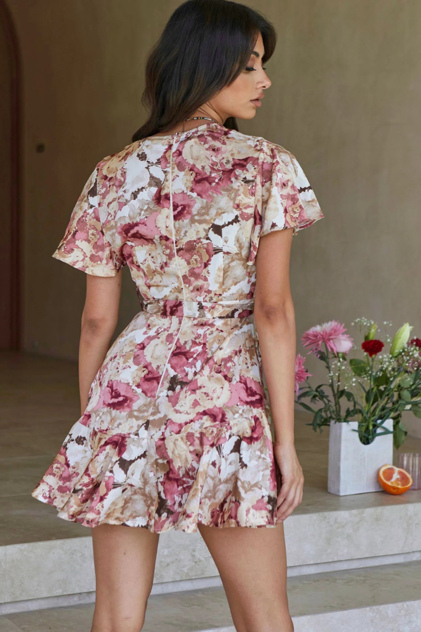 Cami Angel Sleeve Faux Wrap Dress Abstract Floral Print Rose