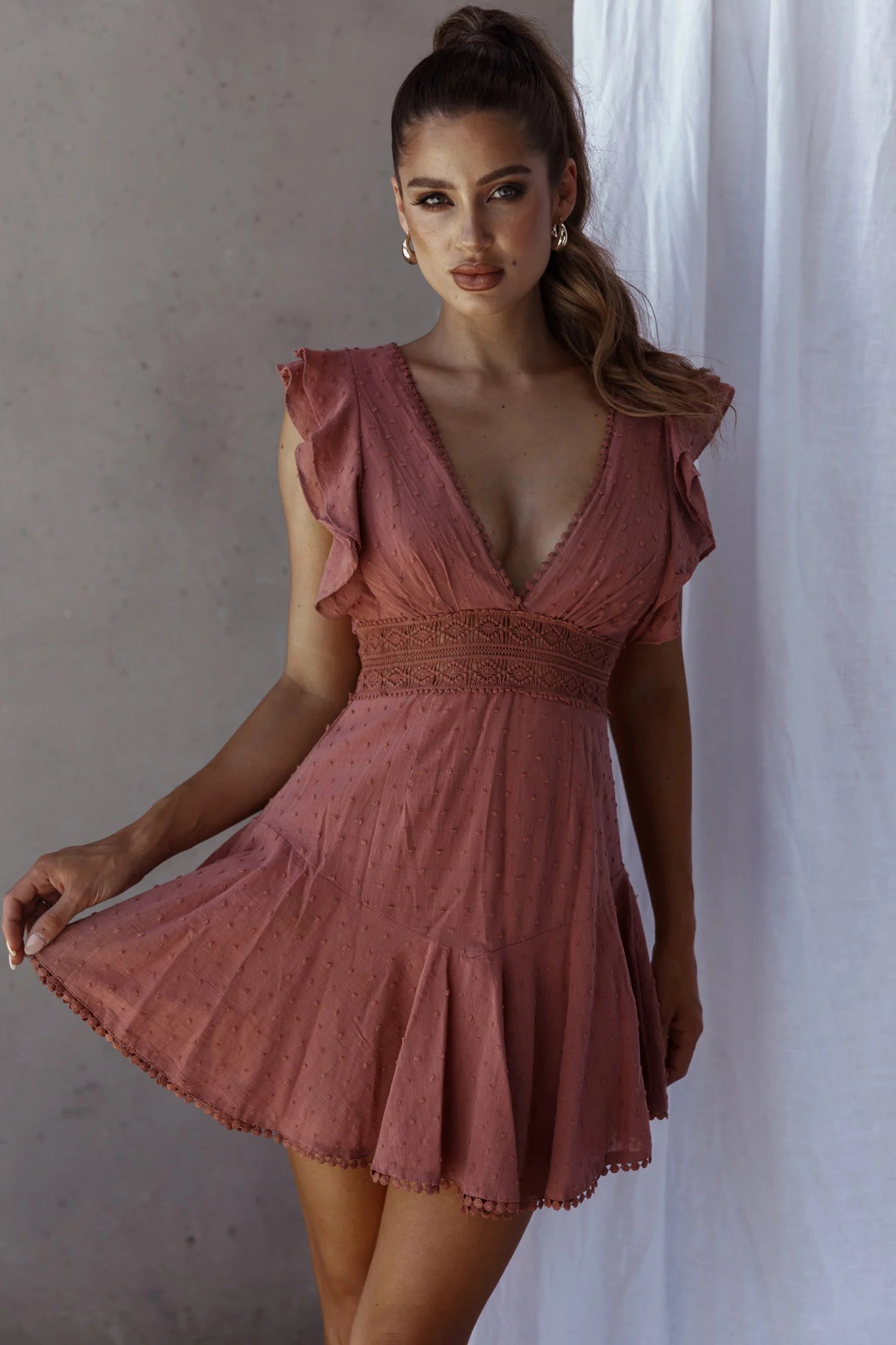 Idyllwild Ruffle Shoulder Mini Dress Rose