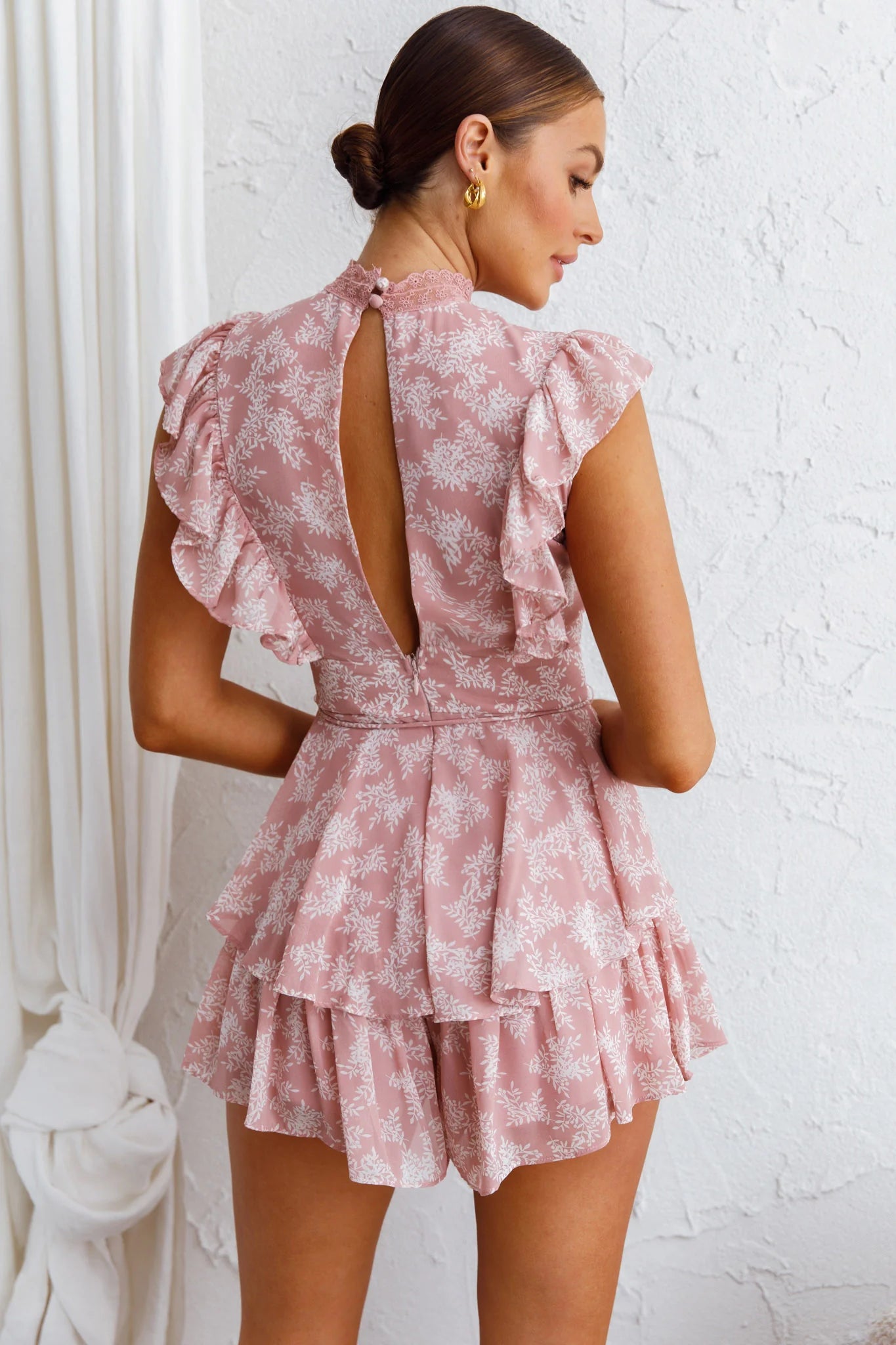 Nellie Lace Bust High Neck Romper Floral Blush