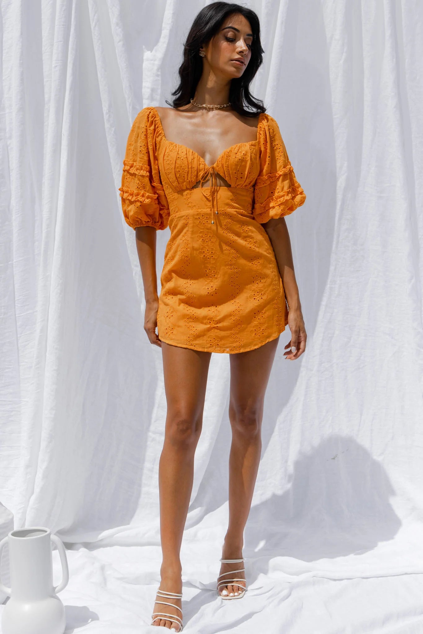Sweet Romance Puff Sleeve Eyelet Mini Dress Sunset