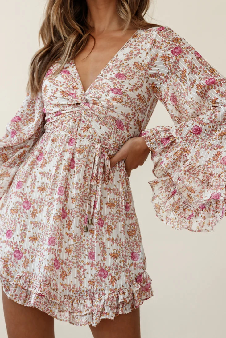Perri Bell Sleeve Twist Knot Bust Dress Paisley Print Beige
