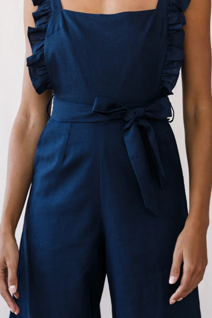 Serenade Ruffle Strap Pinafore Jumpsuit Navy