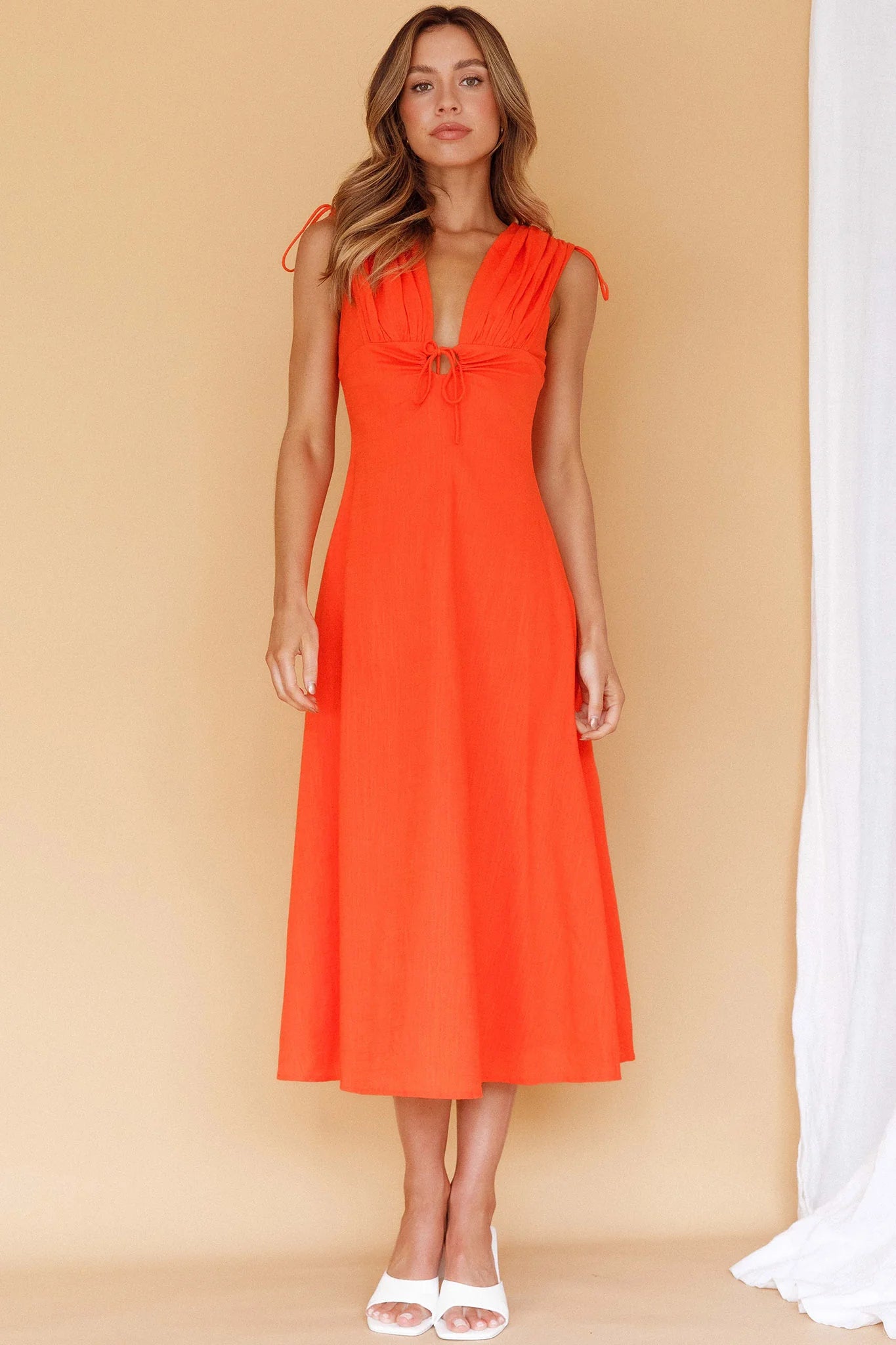 Cape Cod Drawstring Accent Midi Dress Tangerine