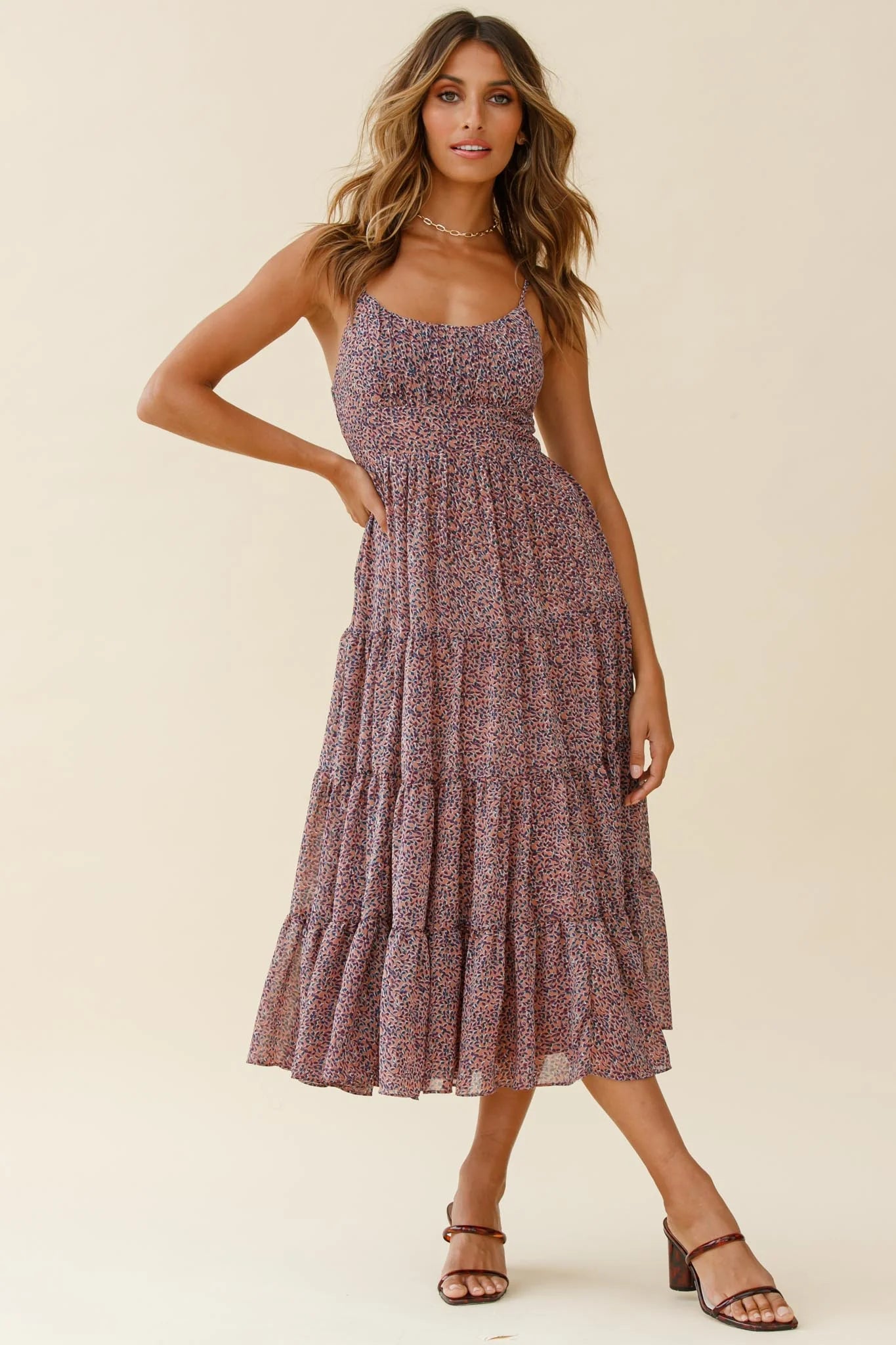 Eternal Sunshine Gathered Bust Midi Dress Leaf Print Purple Multi