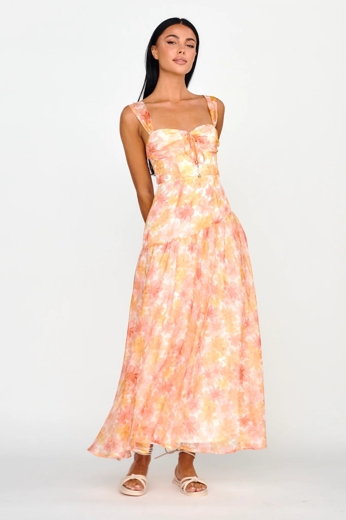 Nichola Ruched Bust Midi Dress Floral Orange