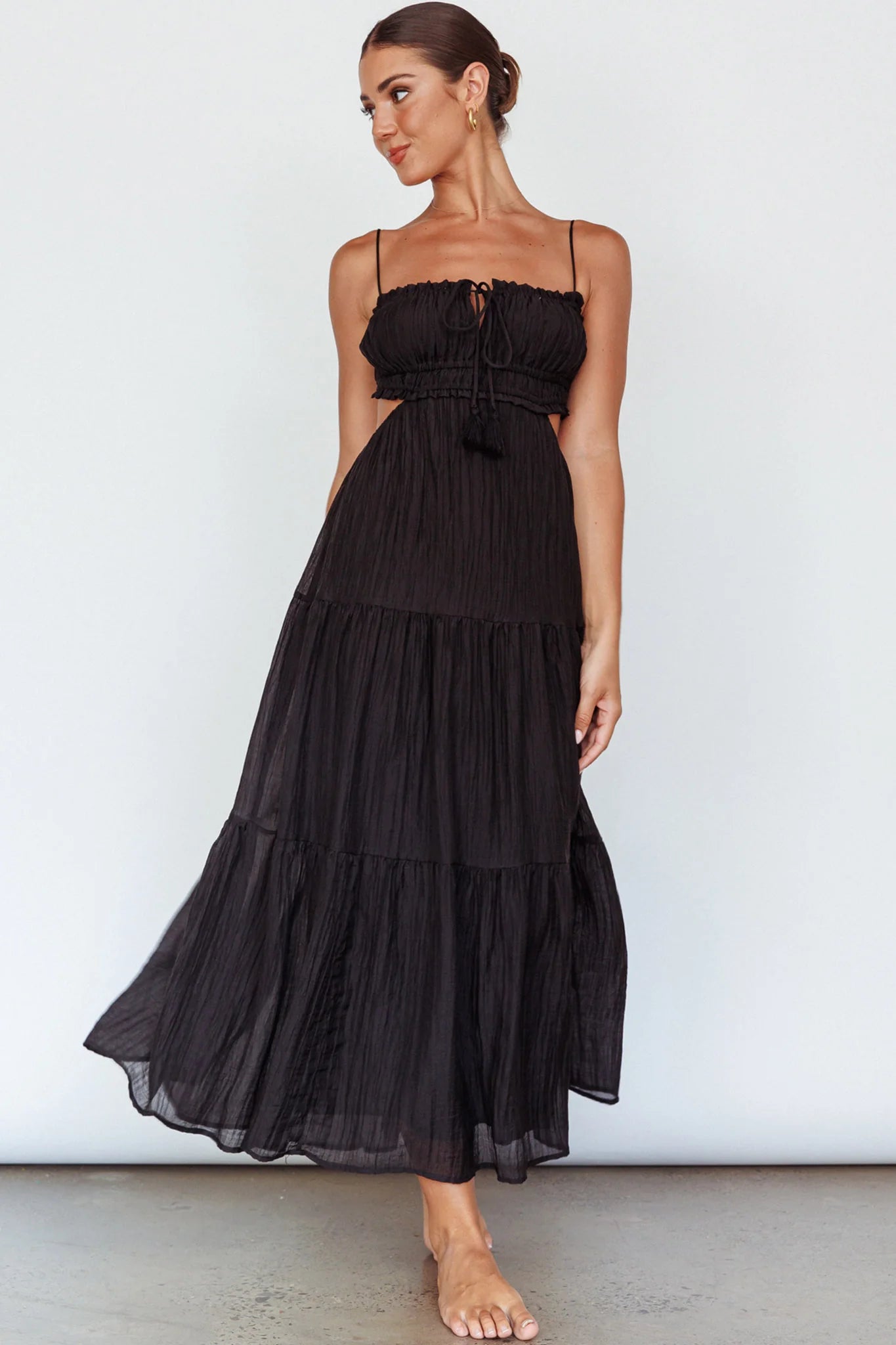 Eyona Cut-Out Waist Tie Maxi Dress Black