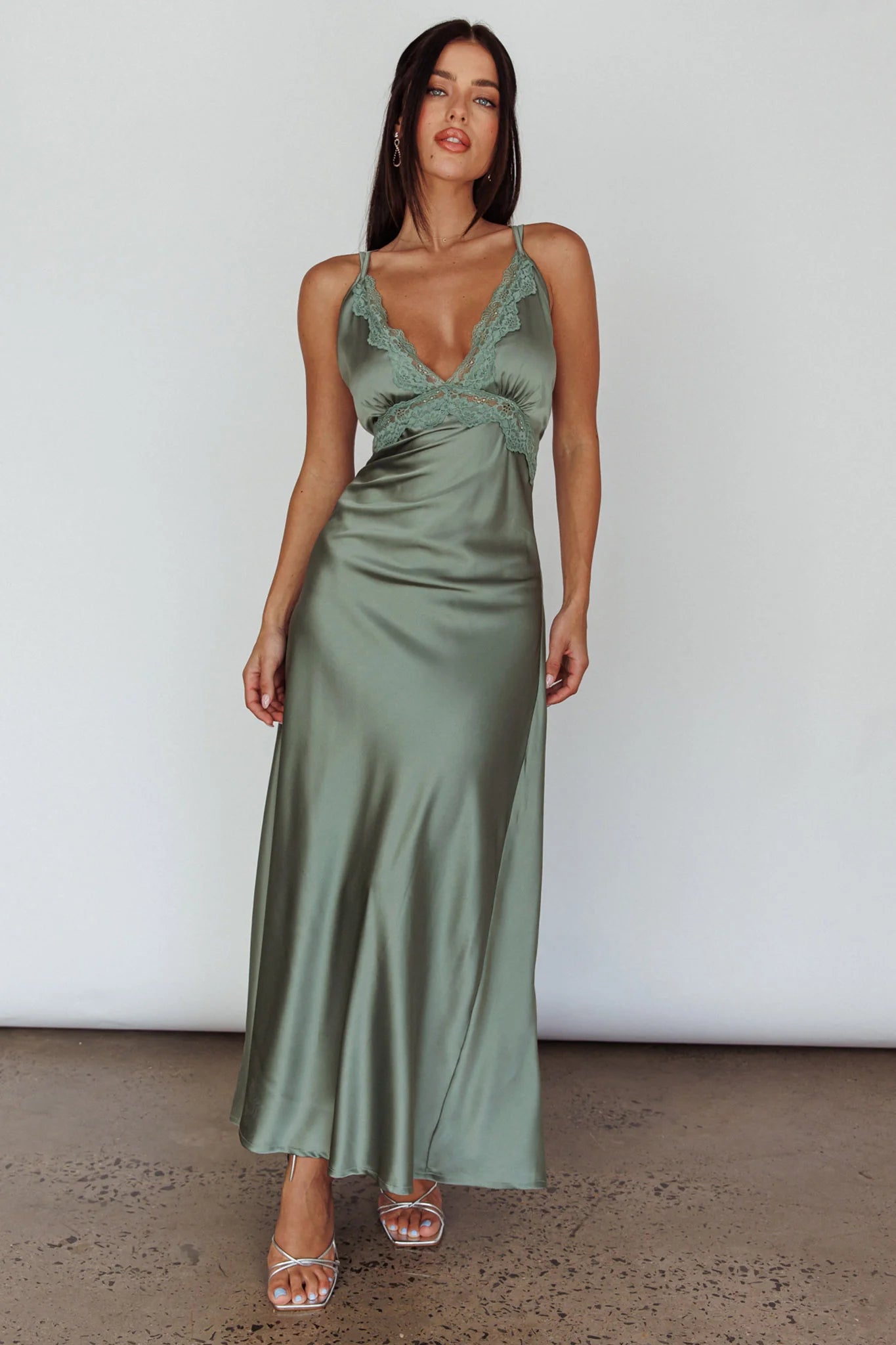 Signature Lace Trim Midi Dress Sage