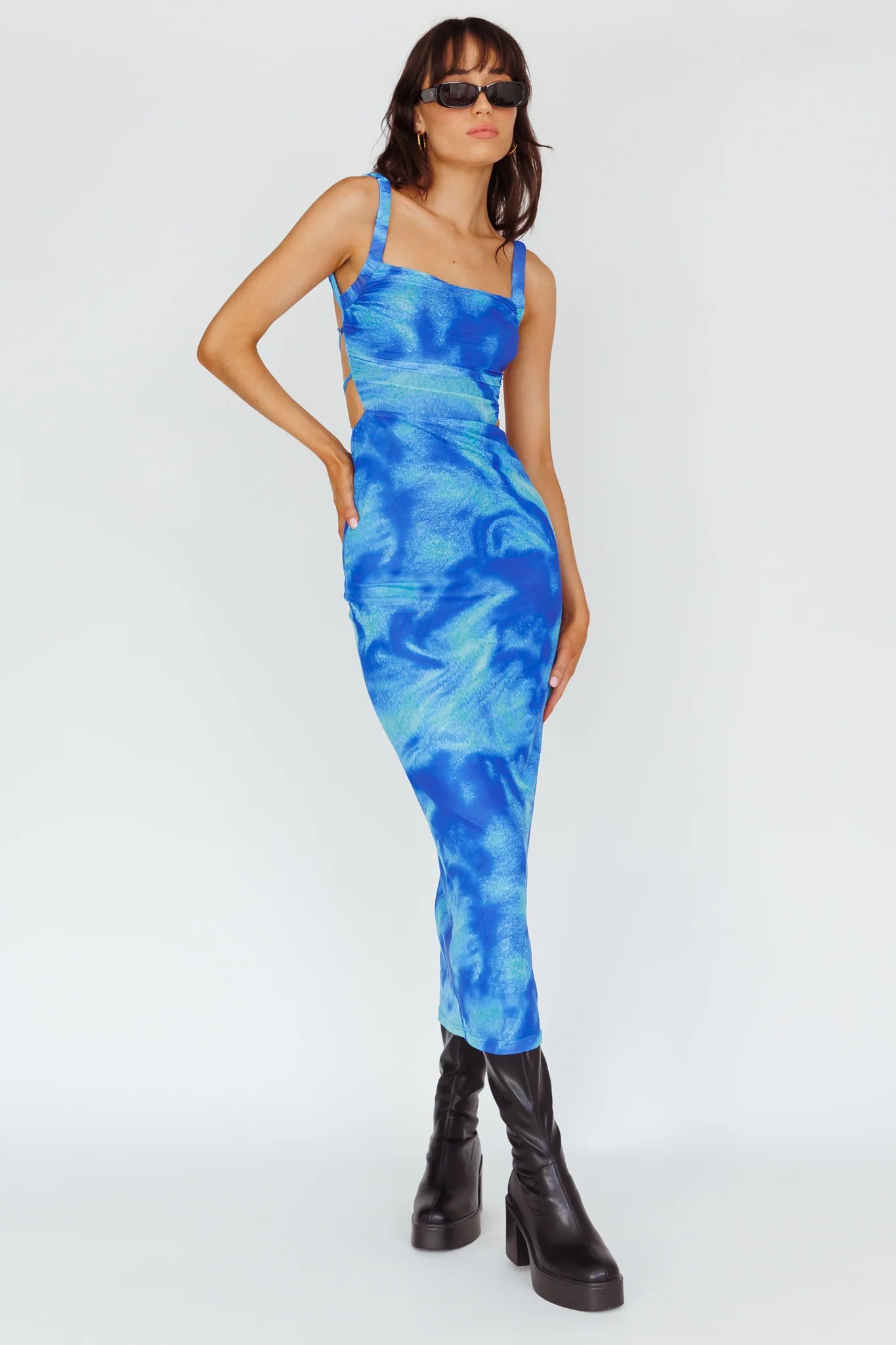 Dream Crush Lace-Up Back Side Split Maxi Dress Swirl Blue