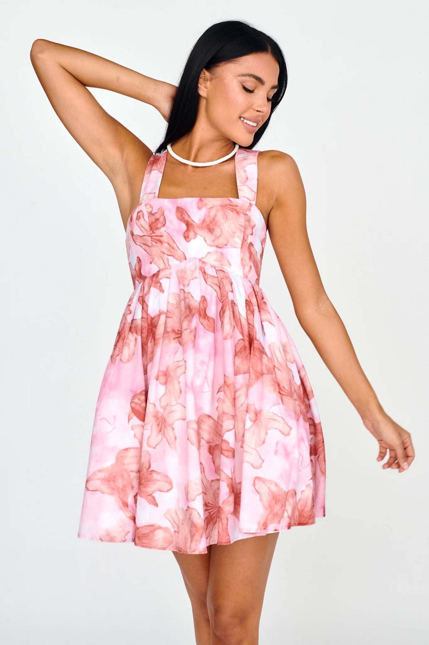 New Horizons Square Neckline Tied Mini Dress Pink