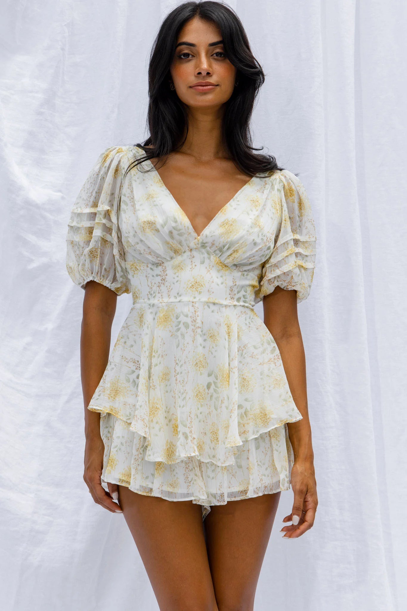 Sun Drops Puff Sleeve Keyhole Back Romper Floral Print Mint
