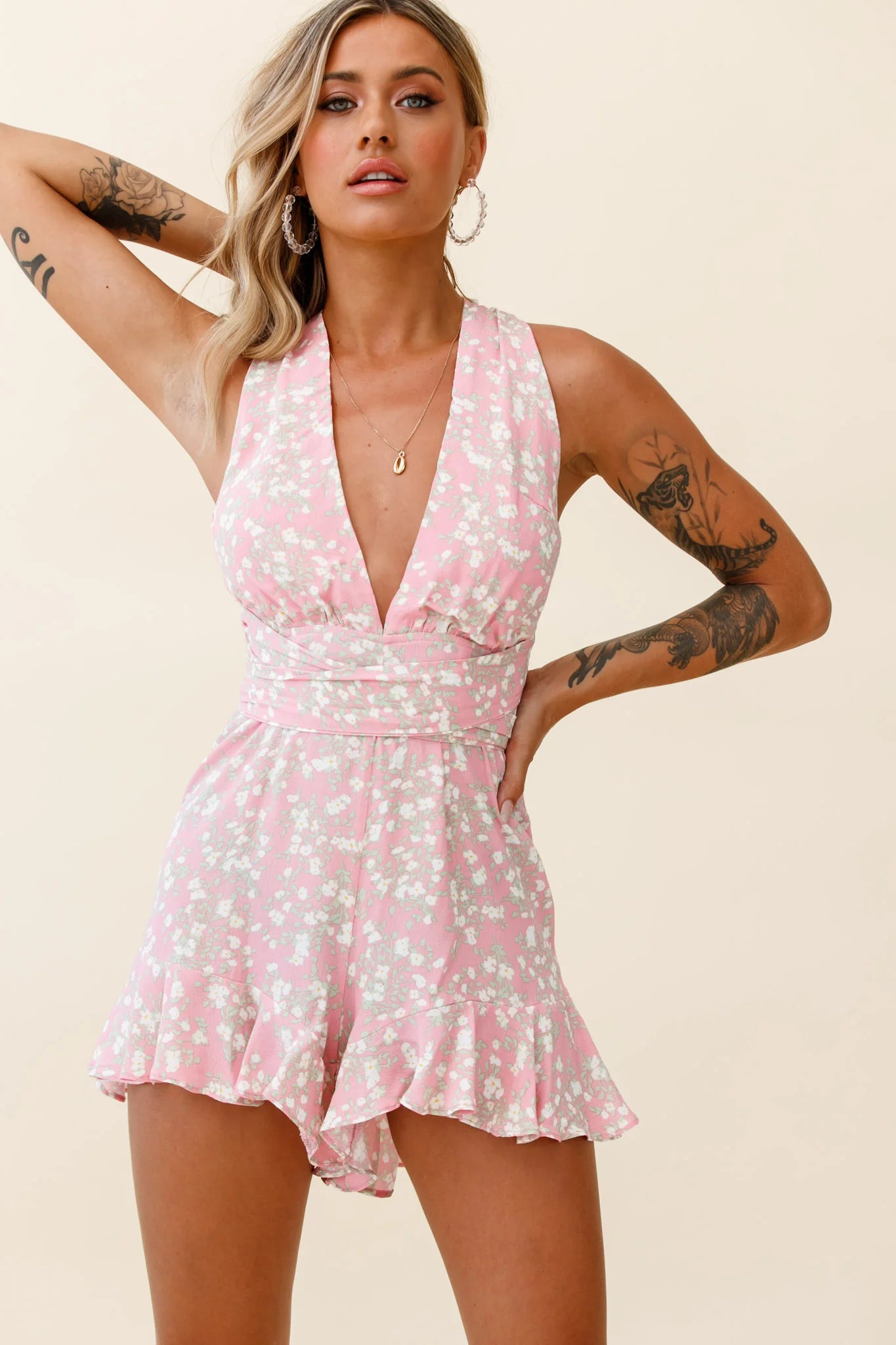 Playa Vista Halterneck Frill Hem Romper Floral Print Pink
