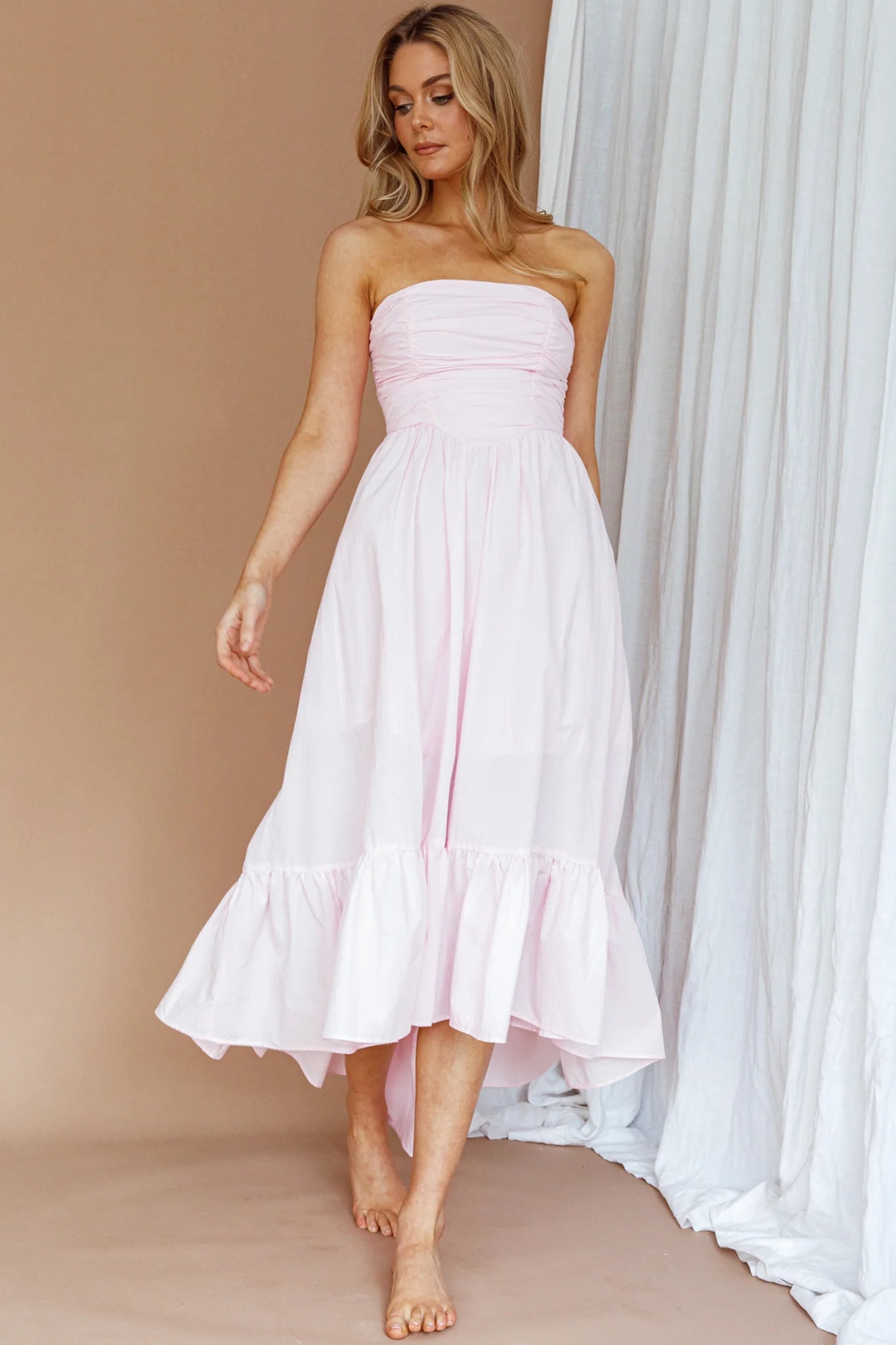 Sunday Mornings Ruched Bust Midi Dress Pink