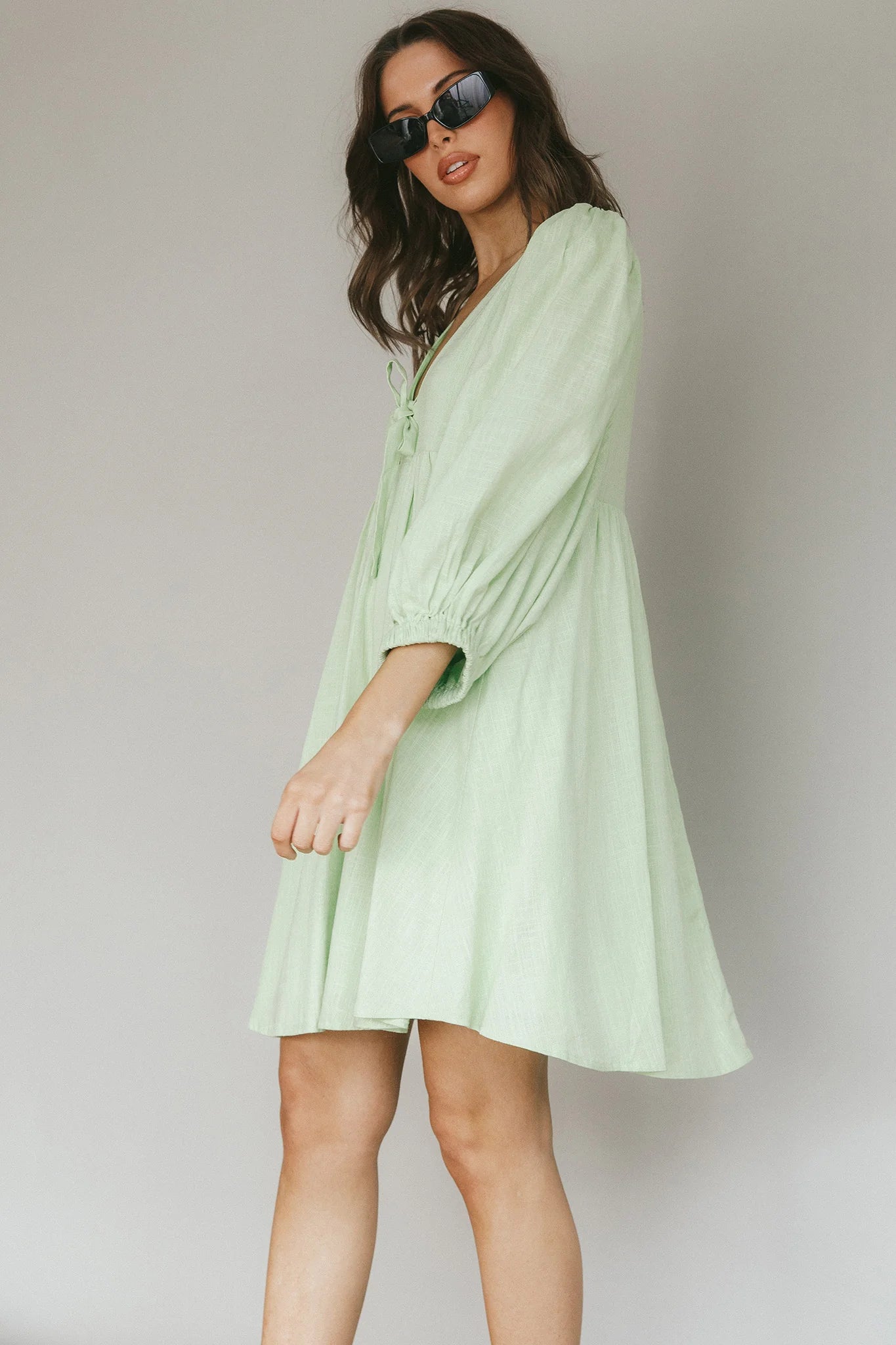 New Haven Puff Sleeve Swing Dress Lime