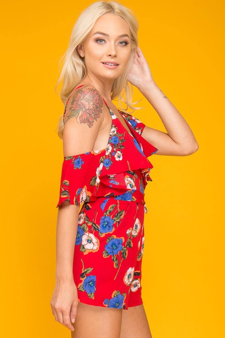 Daleyza Ruffled Floral Romper Red & Blue