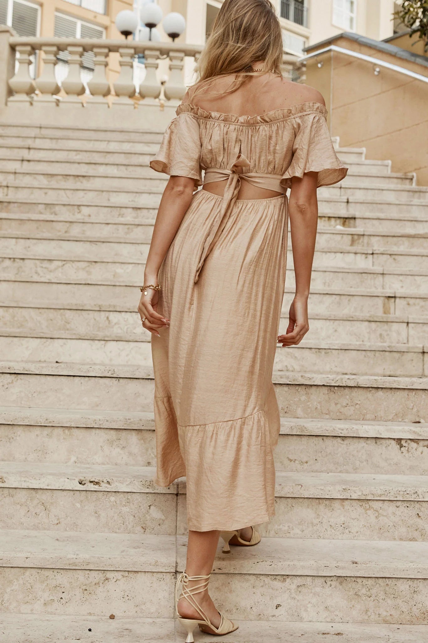 Dandelion Off-Shoulder Tied Back Midi Dress Sand