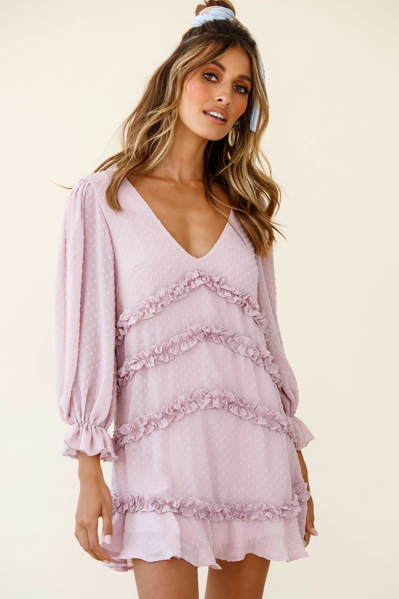 Tabitha Balloon Sleeve Loose Fit Frill Detail Dress Blush