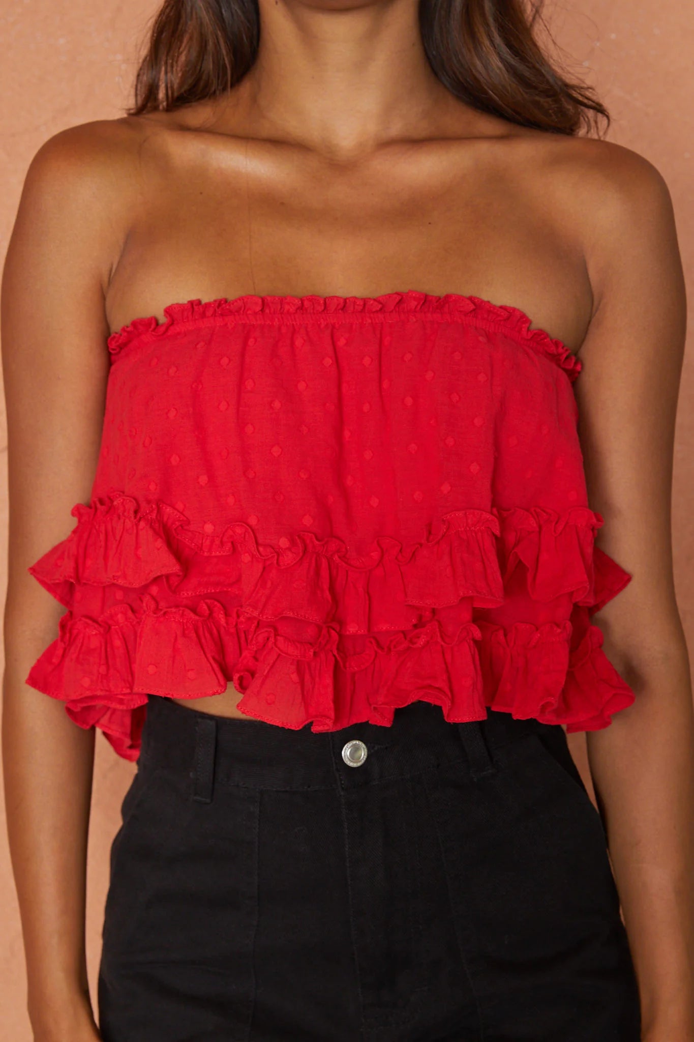 Meet Me At Sunset Frill Trim Bandeau Top Red