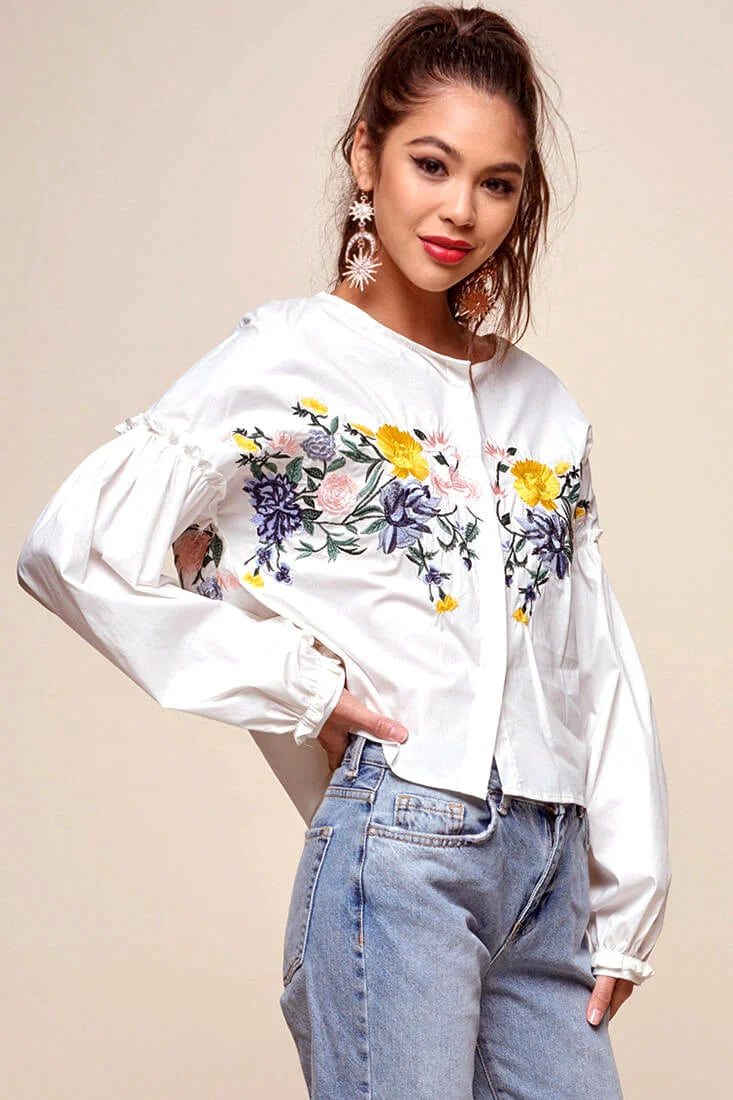 Olivia Floral Embroidered Cinched Wrist Shirt White