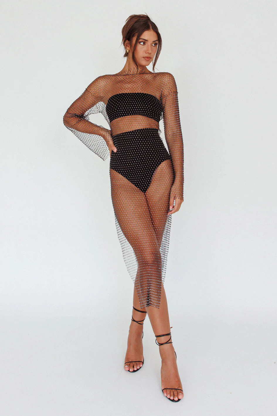 Cosmic Girl Diamante Net Midi Dress Black