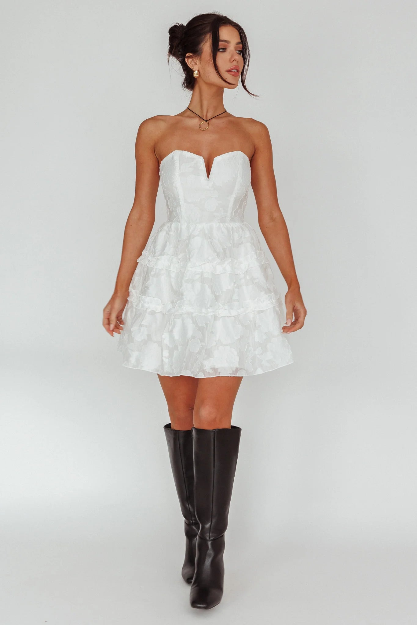 Demi Frill Trim Strapless Dress White