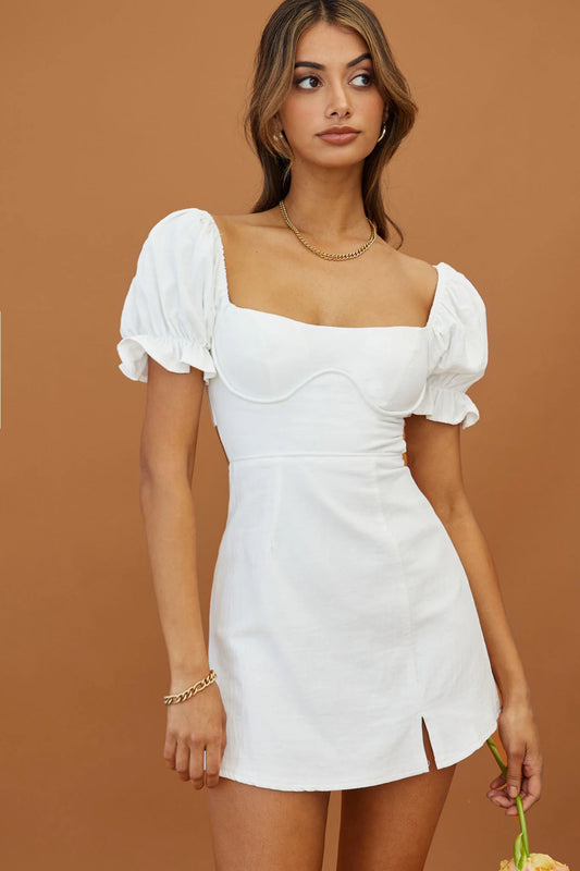Norma Jean Puff Sleeve Piping Trim Mini Dress White