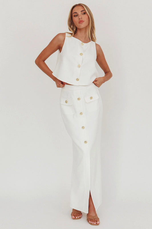 Bondi Sunset Faux Button Placket Maxi Skirt White