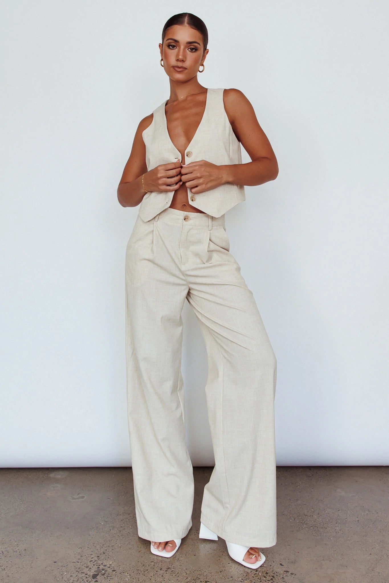 Times Square Buttoned Waistcoat Top Natural