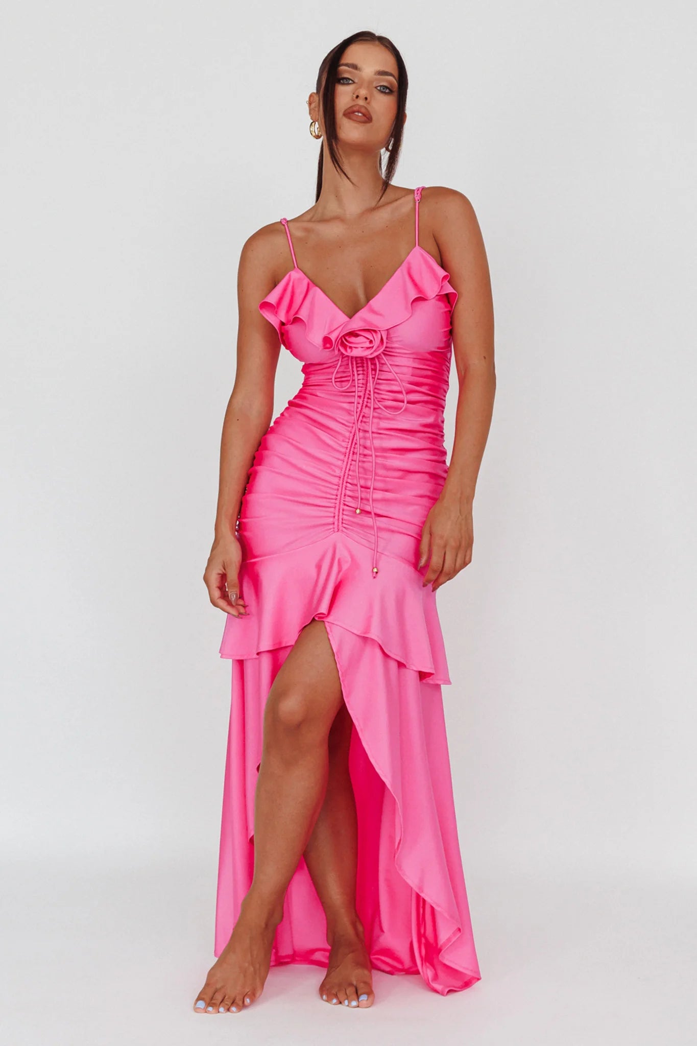 Rosalia Ruched Ruffle Maxi Dress Fuchsia