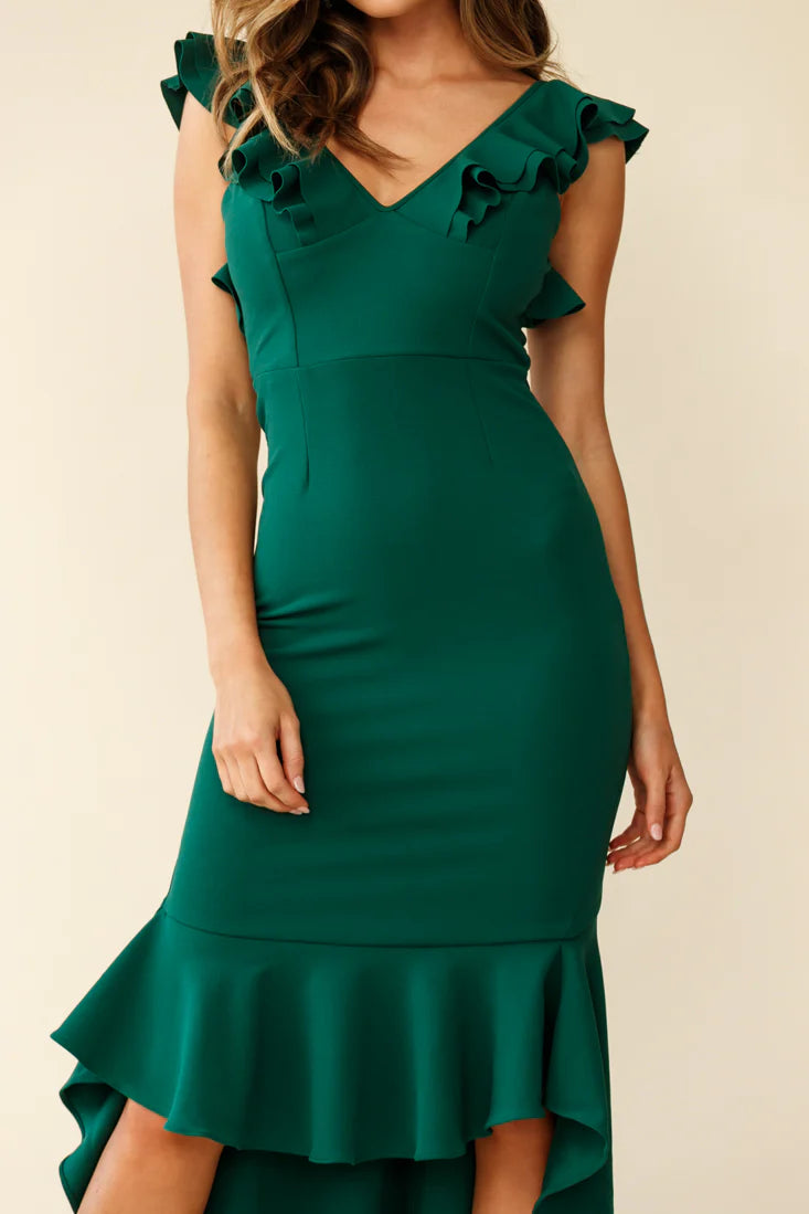 Pearl Ruffle Strap High-Low Hem Dress Forest Green