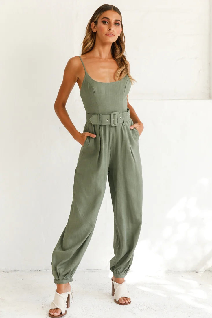 Santa Barbara Cuffed Hem Belted Jumpsuit Olive