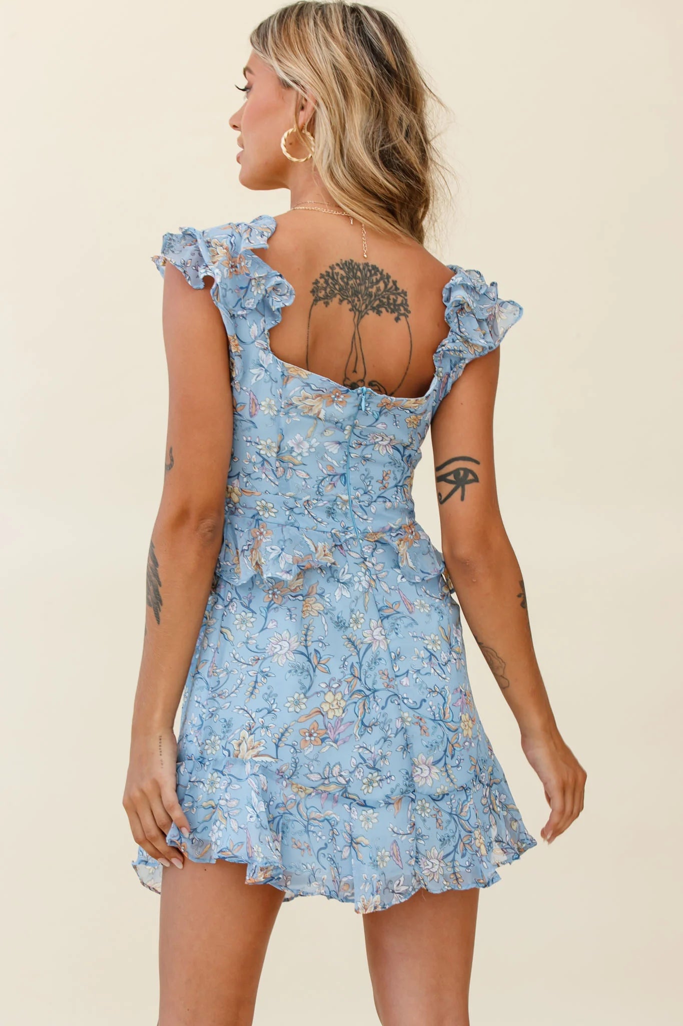 Say That Again Bust Tie Ruffle Trim Dress Floral Print Blue