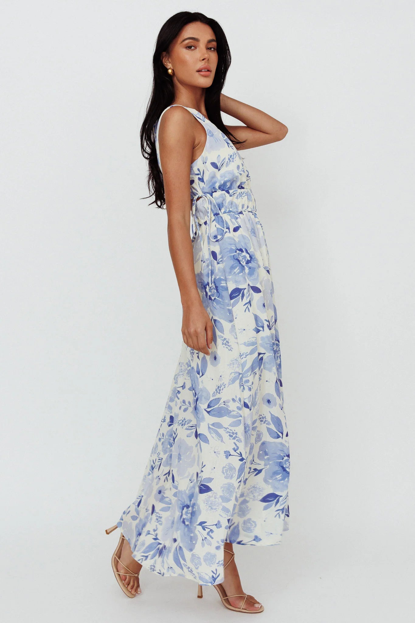 Perla V-Neck Drawstring Maxi Dress Floral Blue