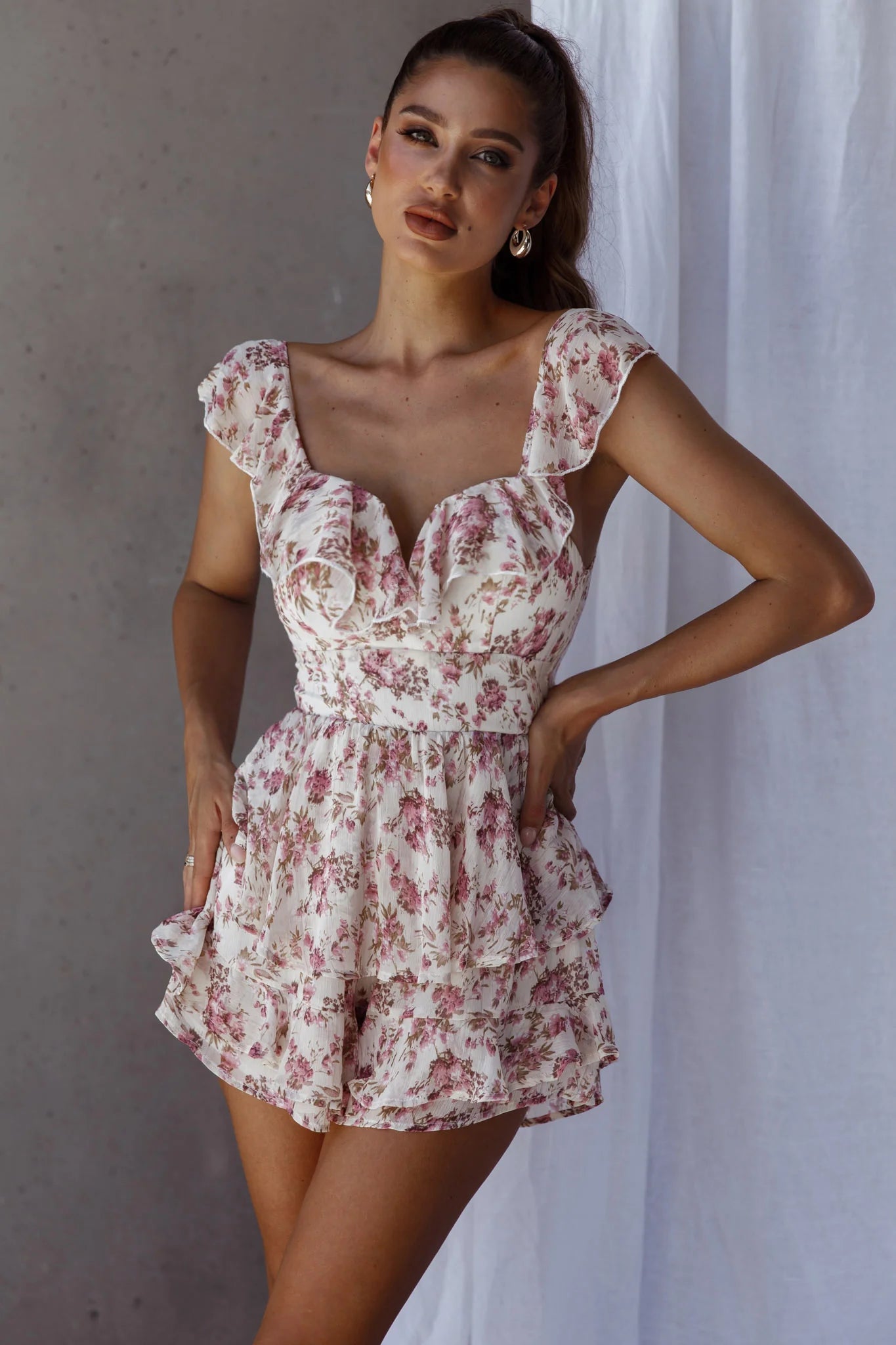 Revel Ruffle Trim Tied Back Romper Floral Pink