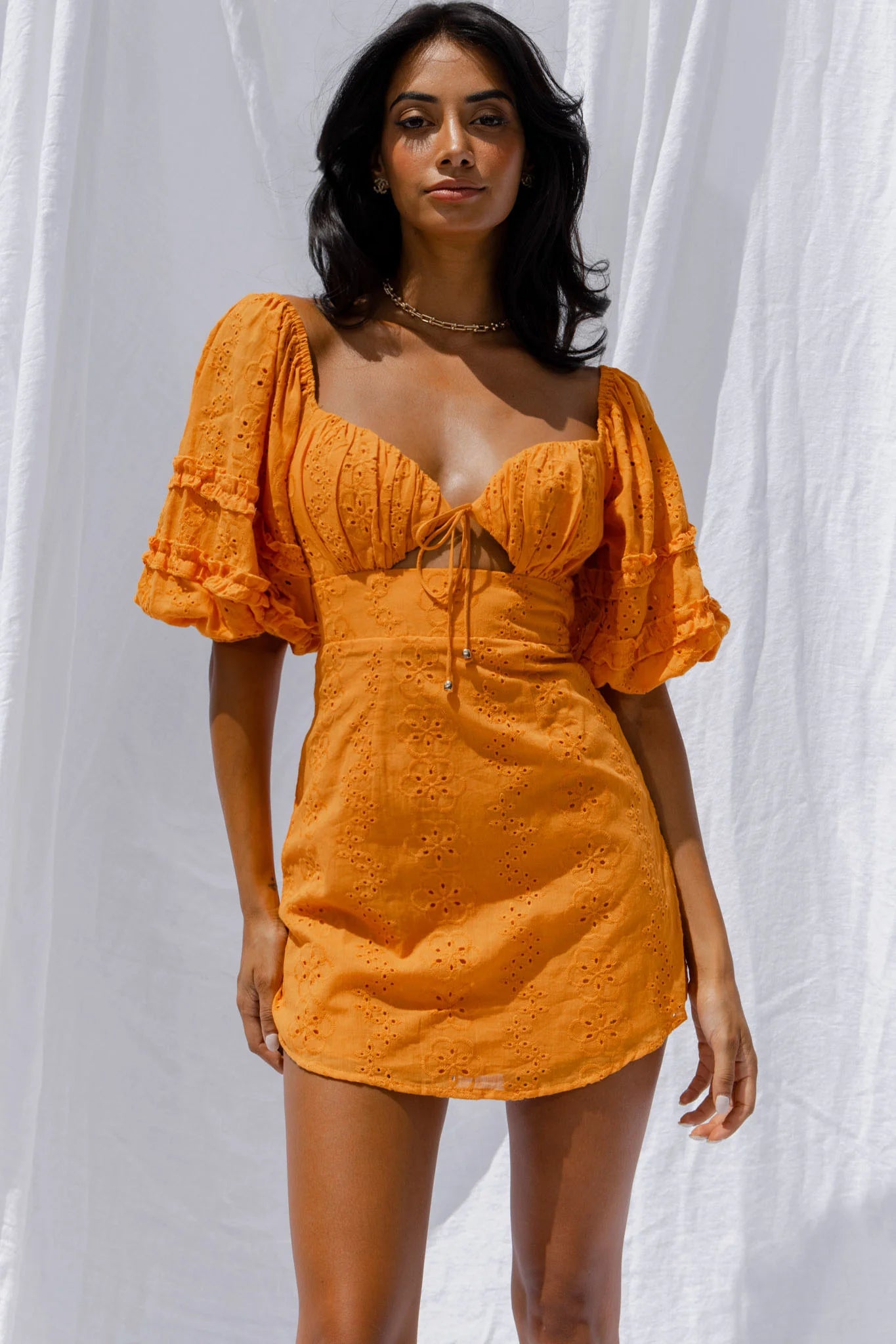 Sweet Romance Puff Sleeve Eyelet Mini Dress Sunset