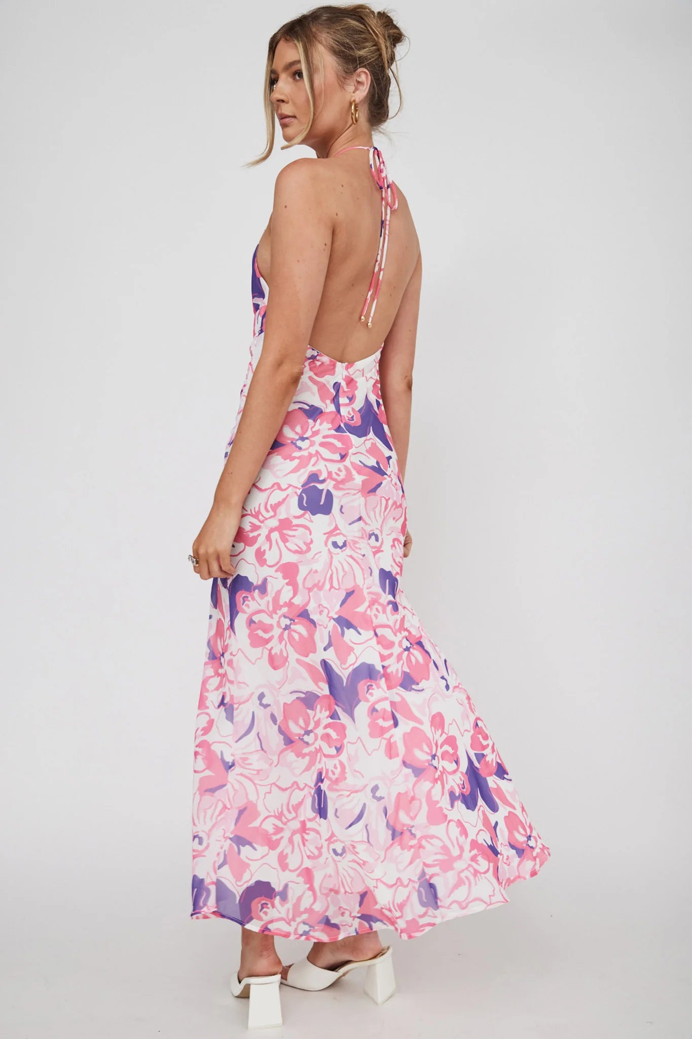 Nirvana Halterneck Split Midi Dress Floral Pink