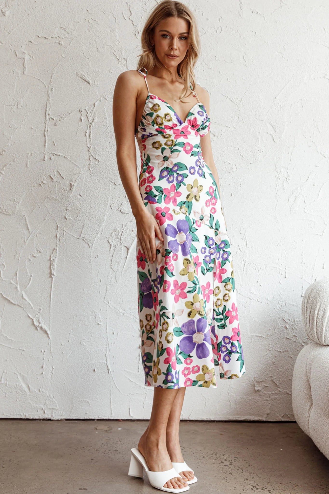 Clovelly Tied Shoulder Midi Dress Flower White