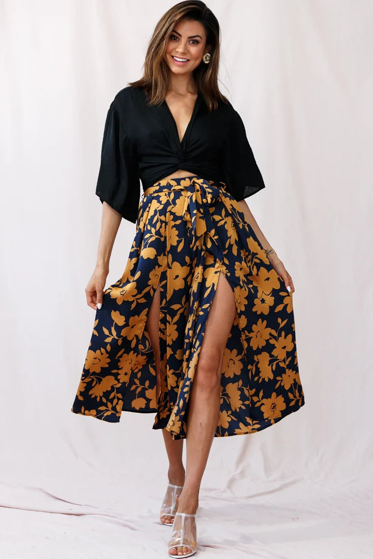 Danika Front Split Midi Culotte Pants Navy/Mustard