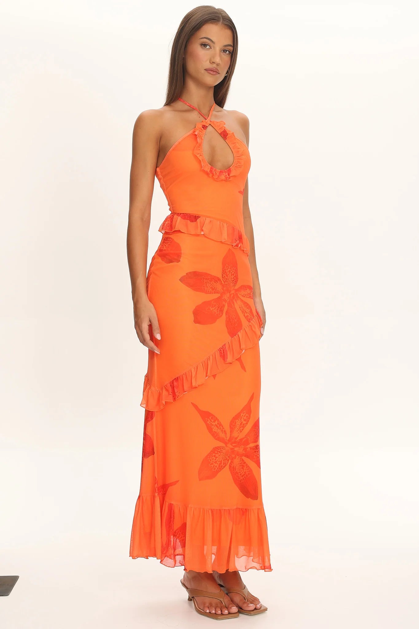 Clemence Mesh Overlay Frill Trim Maxi Dress Floral Orange