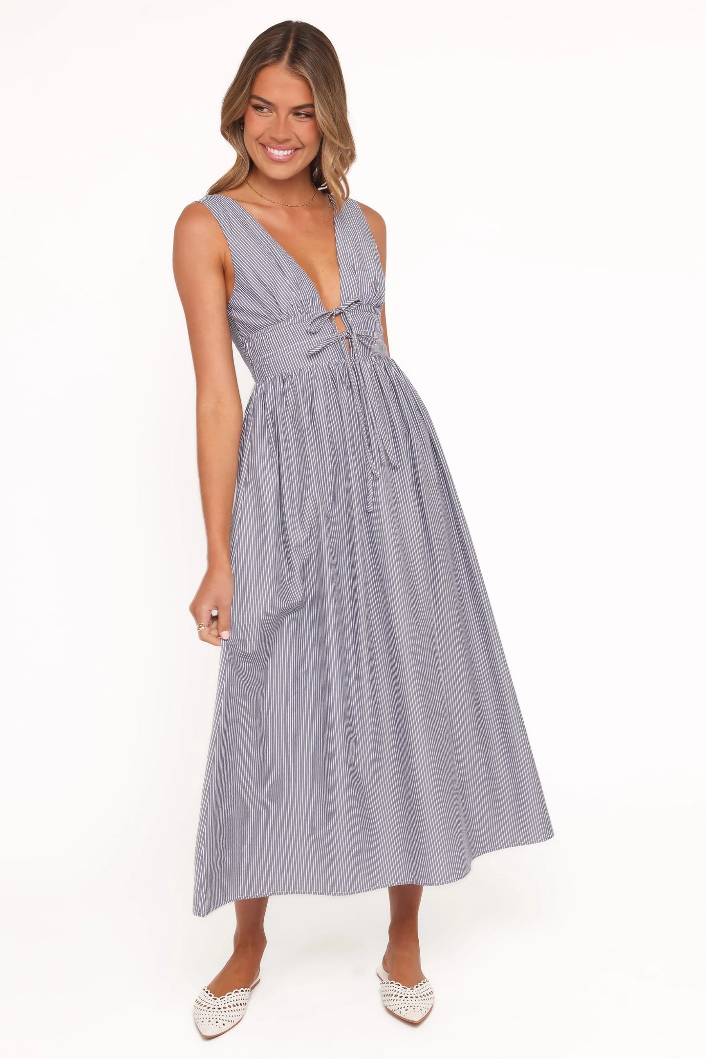 Annora Midi Dress - Navy Pinstripe
