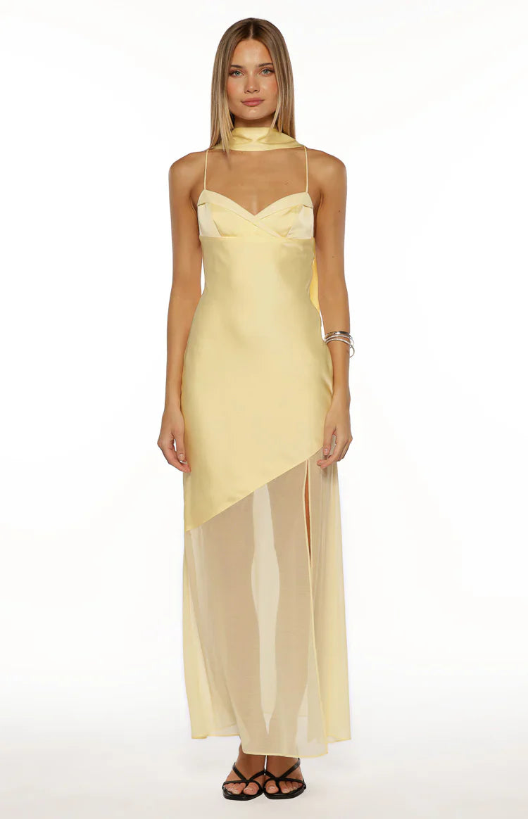 Laila Yellow Satin Scarf Formal Maxi Dress