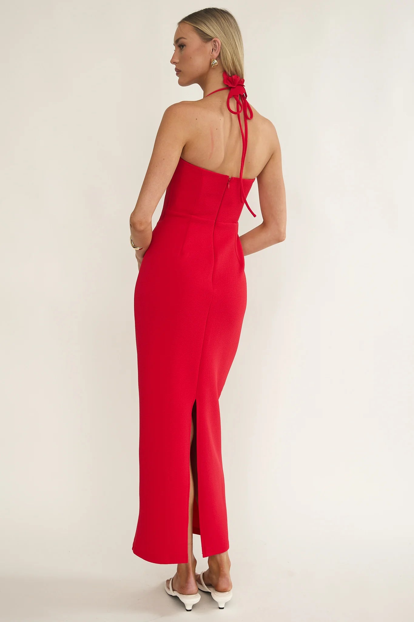 Chez Halterneck Textured Maxi Dress Red